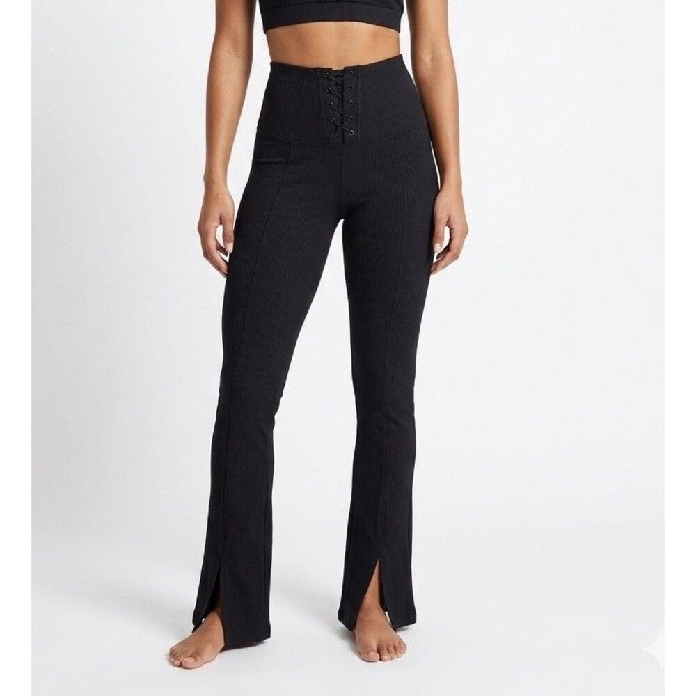 Strut-This Anders Black High Rise Ankle Flare Leggings Medium Lace-Up Slit Hems